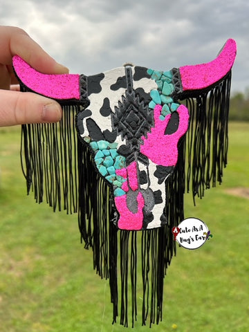 Pink and Turquoise Cow Print Bull Skull freshie